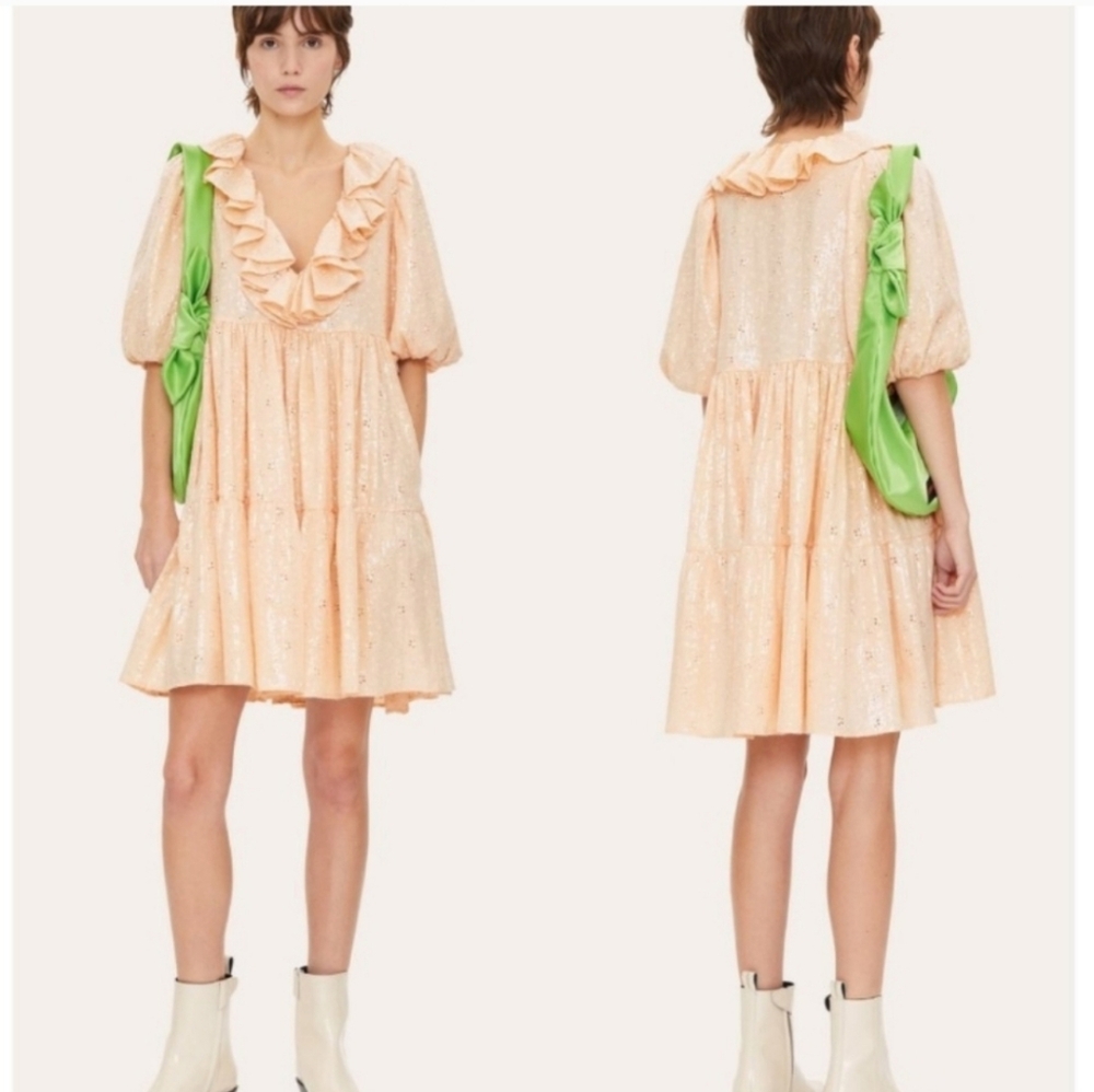 NWT Stine Goya Imperio Peach Sequin Ruffle Puff Sleeve Mini Dress XS - Picture 7 of 8